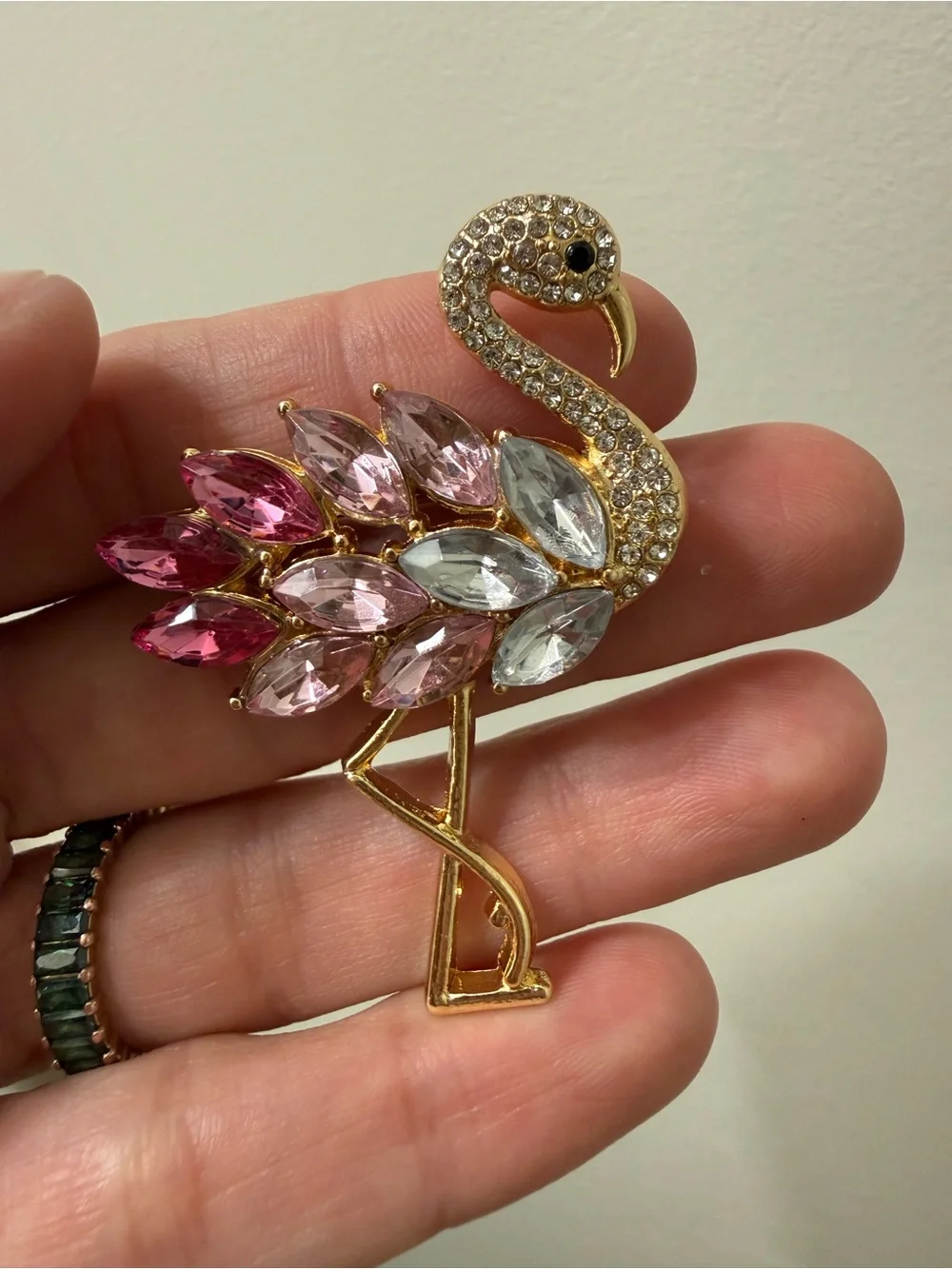 Pink Crystal Flamingo Brooch Pin Gold Tone Rhinestone Statement Bird Jewelry
